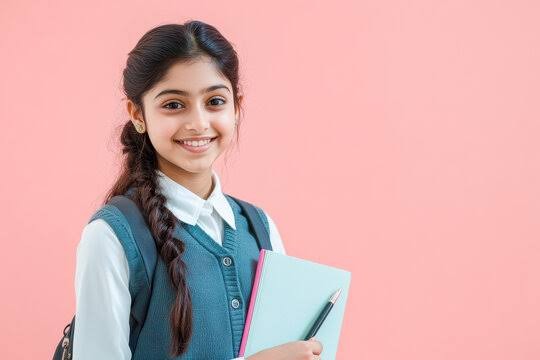 Collégienne souriante à la longue tresse, un cahier à la main