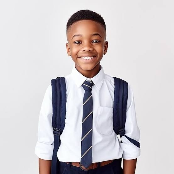 Jeune garçon souriant en chemise blanche et cravate, sac à dos sur les épaules