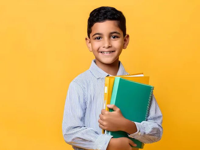Jeune garçon souriant tenant des cahiers colorés