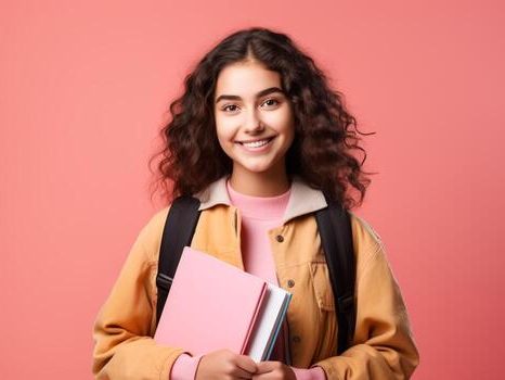 Jeune fille souriante tenant des cahiers et un sac à dos