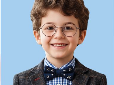 Jeune garçon souriant avec des lunettes tenant une ardoise de calcul